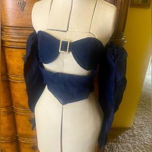 New Pink rave wear. Navy blue with rhinestones. Top with detached sleeves